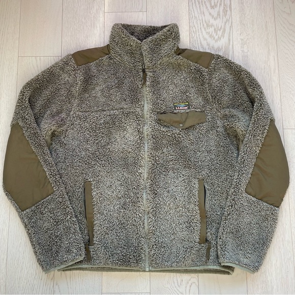 LL Bean Hi Pile Ultra Plush Fleece Zip Up Elbow Patch Jacket Cabincore Outdoors - Picture 2 of 12
